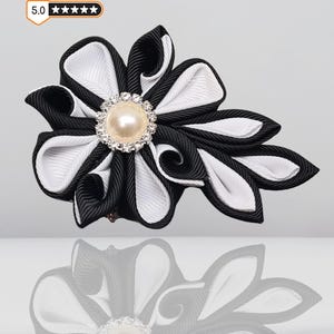 Black and White Handmade Brooch with Pearl Rhinestones Center, Elegant Kanzashi Fabric Flower Pin, Unique Gift for Women Retro Style Jewelry