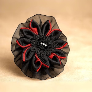 Gothic Flower Hair Clip Black Red for Halloween Costume, Gothic Fascinator for Dark Weddings, Kanzashi Flower Dancers Headpiece