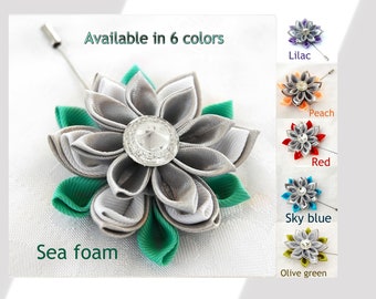 Custom Men's Flower Boutonniere Gift for Best Man, Buttonhole Green Gray Kanzashi Flower Wedding Lapel Pin, Available in 6 Colors