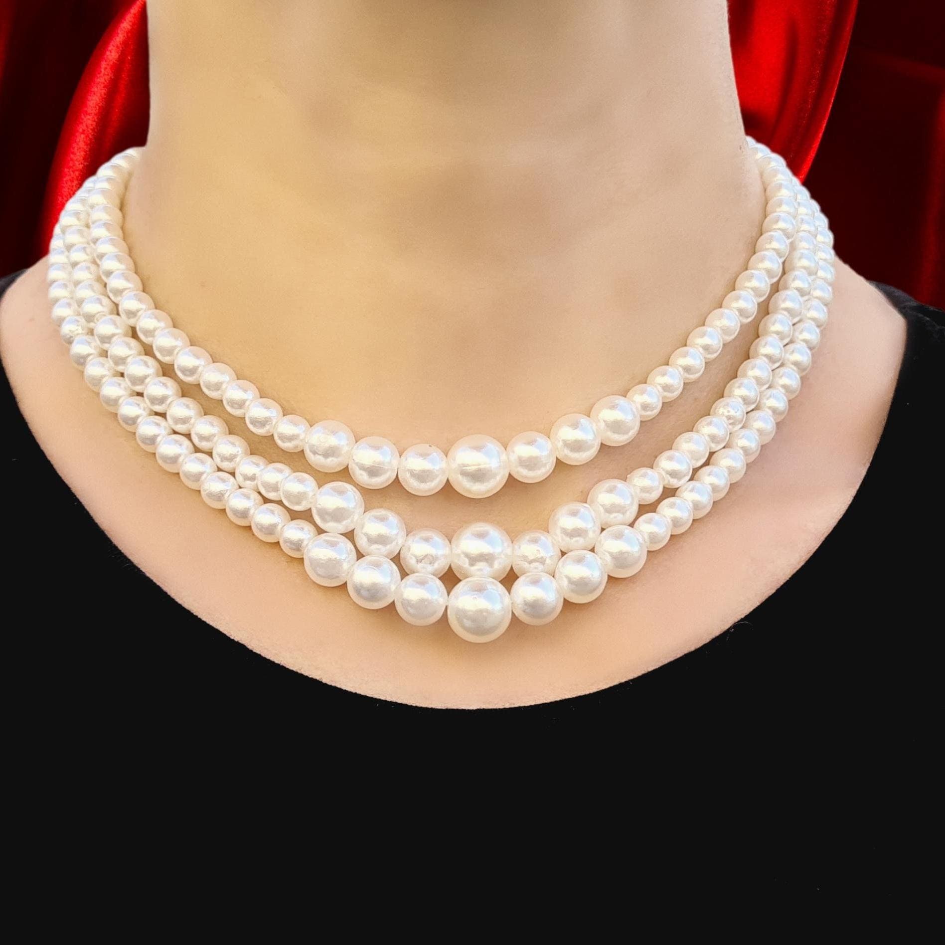 Classic Triple Strand Faux Pearl Necklace Vintage-inspired