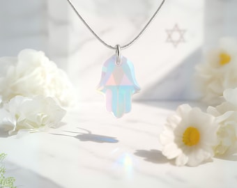 Iridescent Hamsa Hand Crystal Necklace on 925 Silver Chain, Protective Amulet, Transparent Good Luck Charm, Unique 20 - 40th Birthday Gift