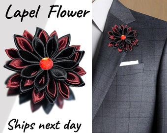 Men's Lapel Boutonniere Gift for Groomsmen, Handmade Black Maroon Buttonhole Flower Brooch Groom's Lapel Pin, Wedding Brooch