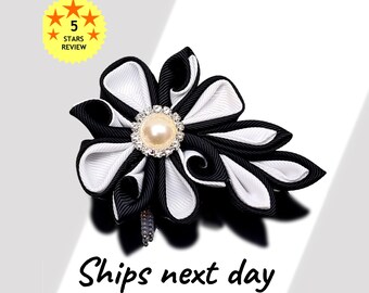 Classy Black and White Flower Pin - Amazing Gift for Wife Retro Style Fabric Brooch