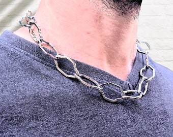 Stylish Mens Silver Chain Necklace with Big Octagonal Decorative Links - Stainless Steel Cable Choker Chain