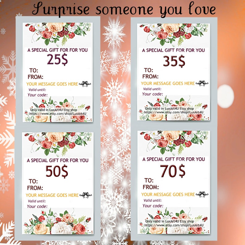 Digital gift certificates for 25 35 50 70 dollars to spend in LuxArt4U Etsy shop Printable gift cards make the perfect last minute gift