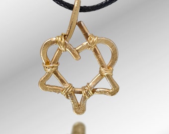 Modern Star of David with Heart Pendant in Gold Color Necklace on Black Cord  - Bold Statement Jewelry - Hammered Aluminum Shield of David