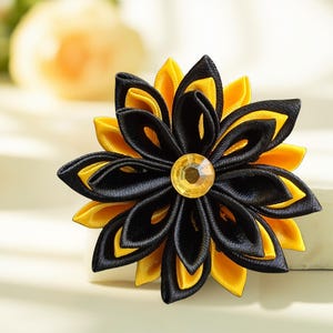 Black & Yellow Flower Lapel Pin: Italian Satin Groomsmen Boutonniere