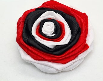 Handcrafted Rose Brooch in Red, White & Black, Fabric Flower Pin  - Amazing Gift for Wife Elegant Wearable Art