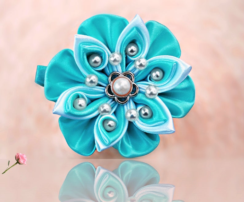 Teal blue flower wedding hair clip Kanzashi  bridesmaid only hair clip