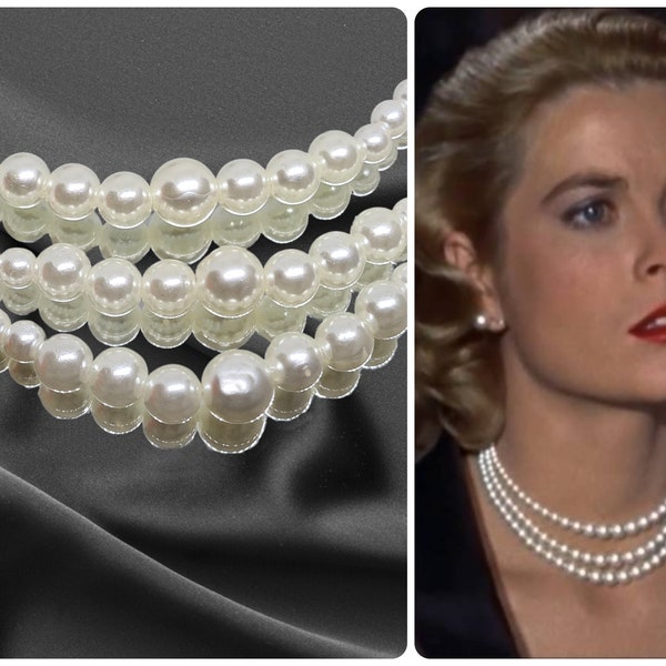 Classic Triple Strand Faux Pearl Necklace Kelly Grace-Inspired, Three Rows Pearl-Imitation Beaded Choker Gift for Women
