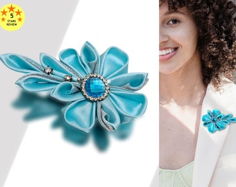 Blue Flower Brooch Gift for Mom, Turquoise Blue Kanzashi Flower Pin Mother's Day Gift for Wife, Silk Satin Flower with Rhinestones