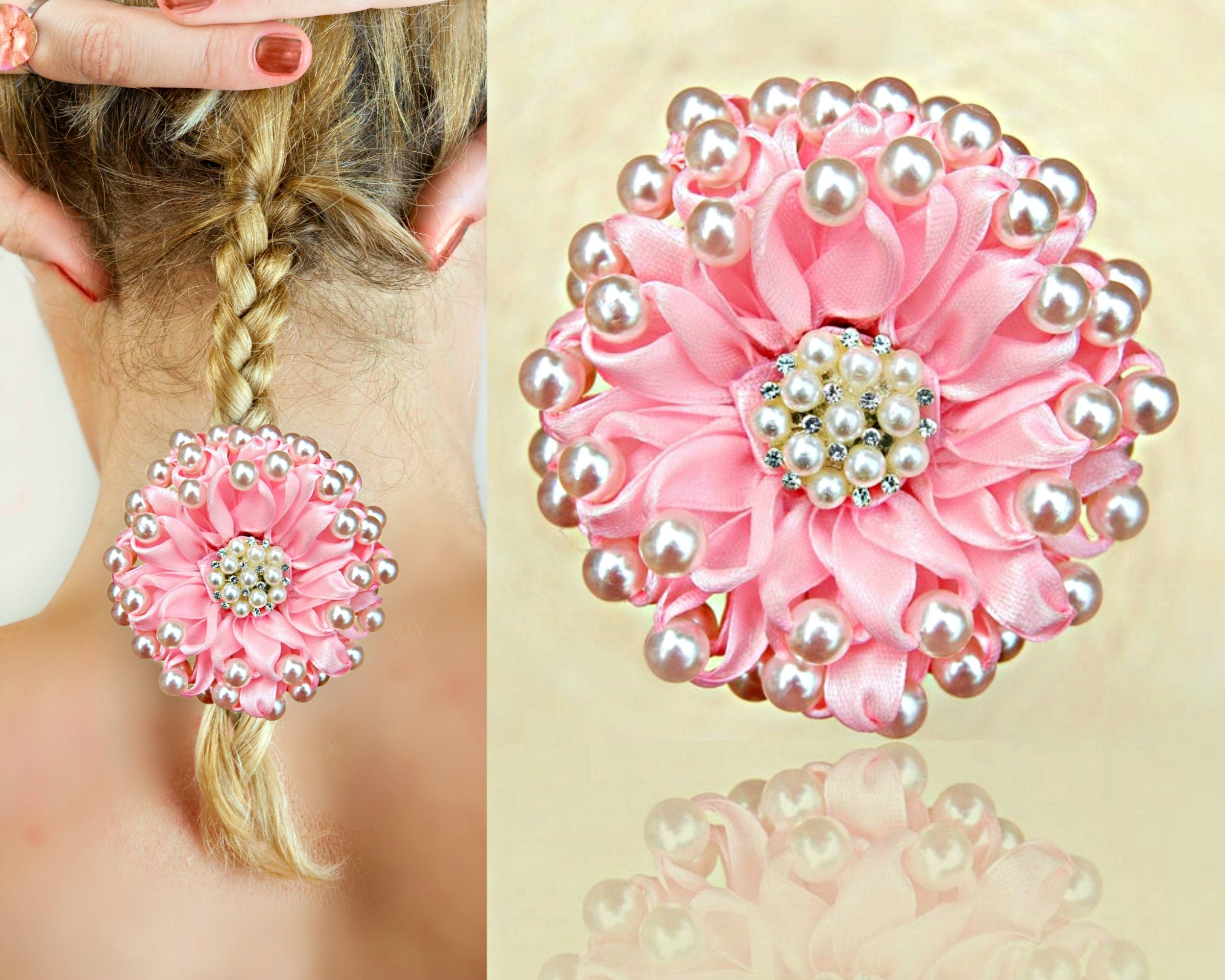 Pink ribbon flower with pearls Handmade large flower hair Etsy