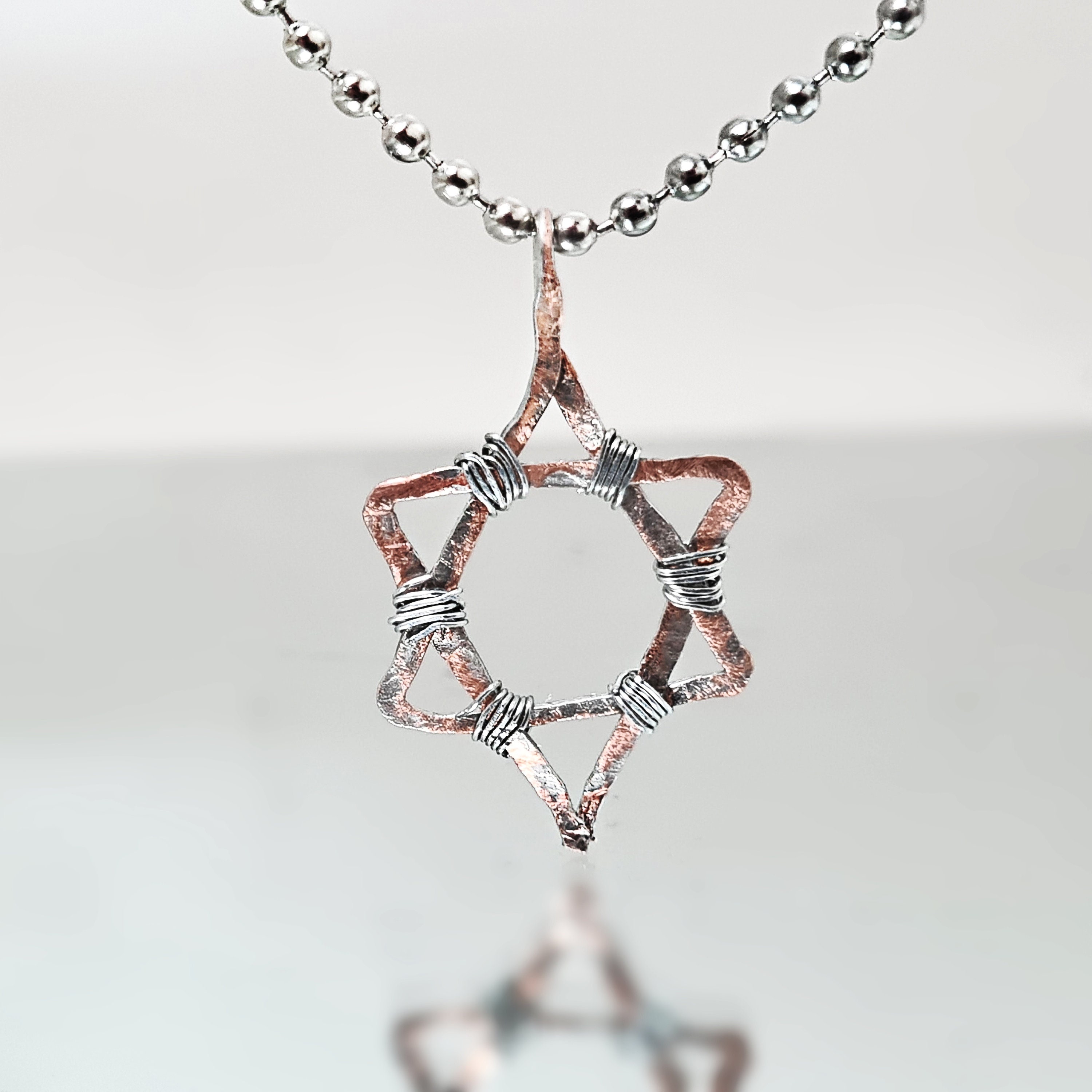 Handmade Copper Star of David Necklace Ball Chain, Wire-Wrapped Jewish Pendant Tarnish-Resistant, Modern Judaica Jewelry Gift for Men/Women