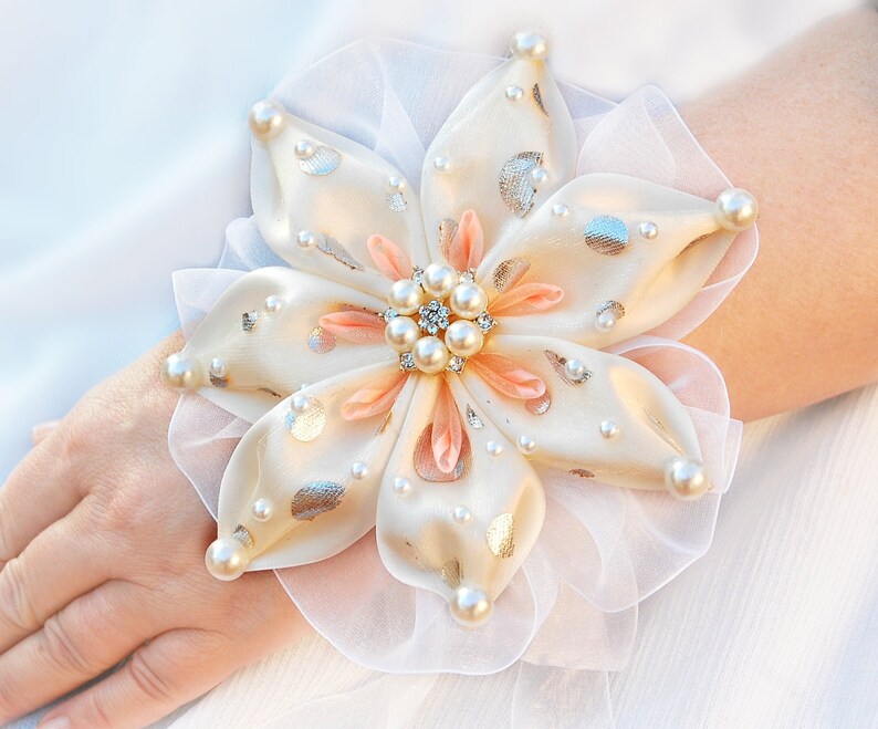 Large ivory floral wrist corsage on an chiffon ribbon Wedding Etsy