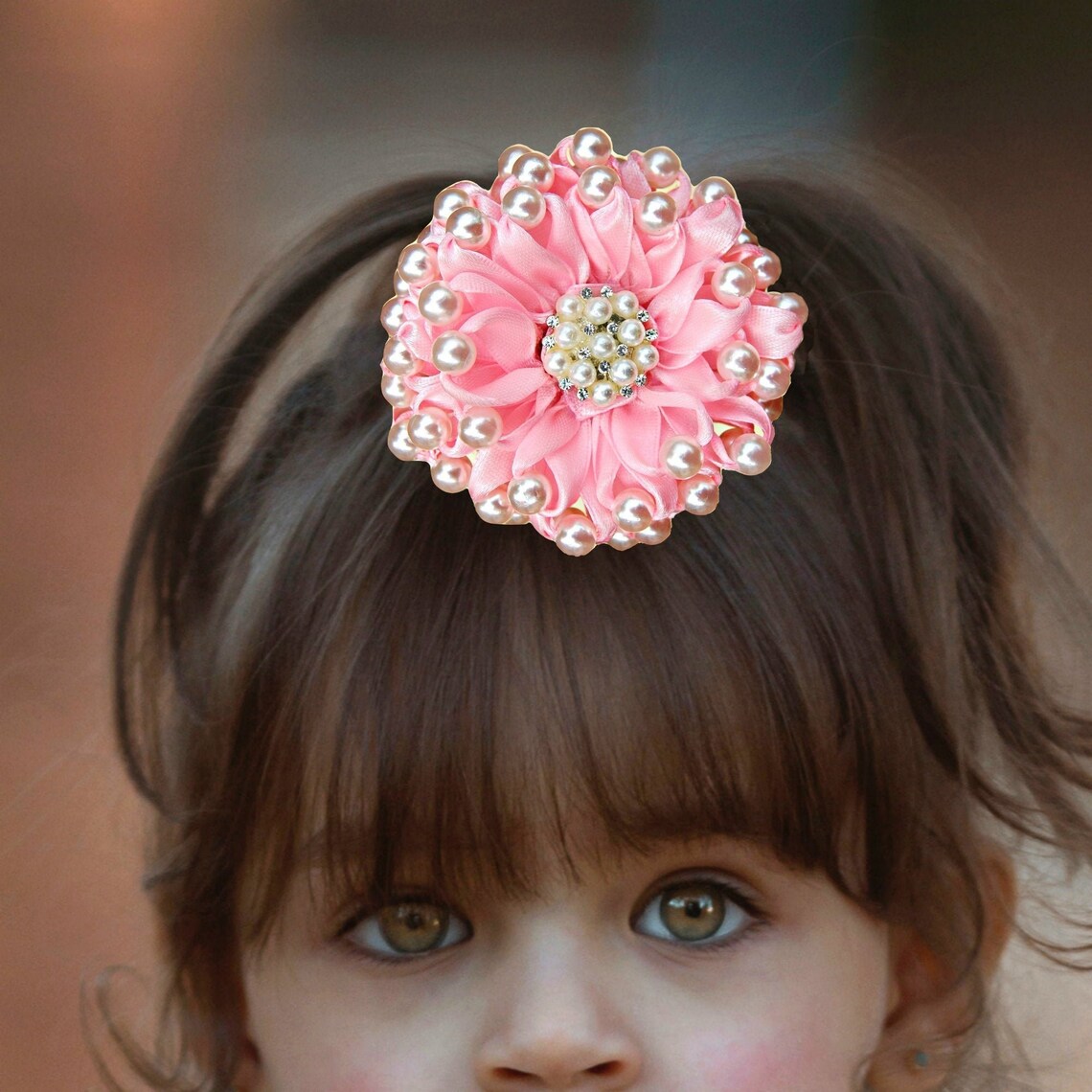 Pink flower girl hair bow pearl beaded Blush floral bow for Etsy
