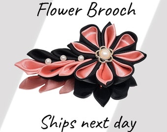Flower Brooch for Women, Hot Pink and Black Brooch Birthday Gift for Wife, Kanzashi Ribbon Brooch Pin, Vintage Style Fabric Brooch