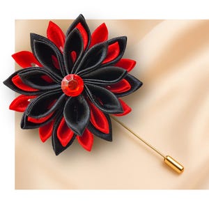 Men’s Wedding Lapel Pin – Red Black Tsumami Kanzashi Flower Boutonniere Gift for Groom and Groomsmen – Custom Italian Satin Brooch
