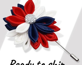 Épingle de boutonnière de revers patriotique personnalisable en rouge, bleu et blanc, boutonnière fleur cadeau de garçon d'honneur broche de mariage pour homme