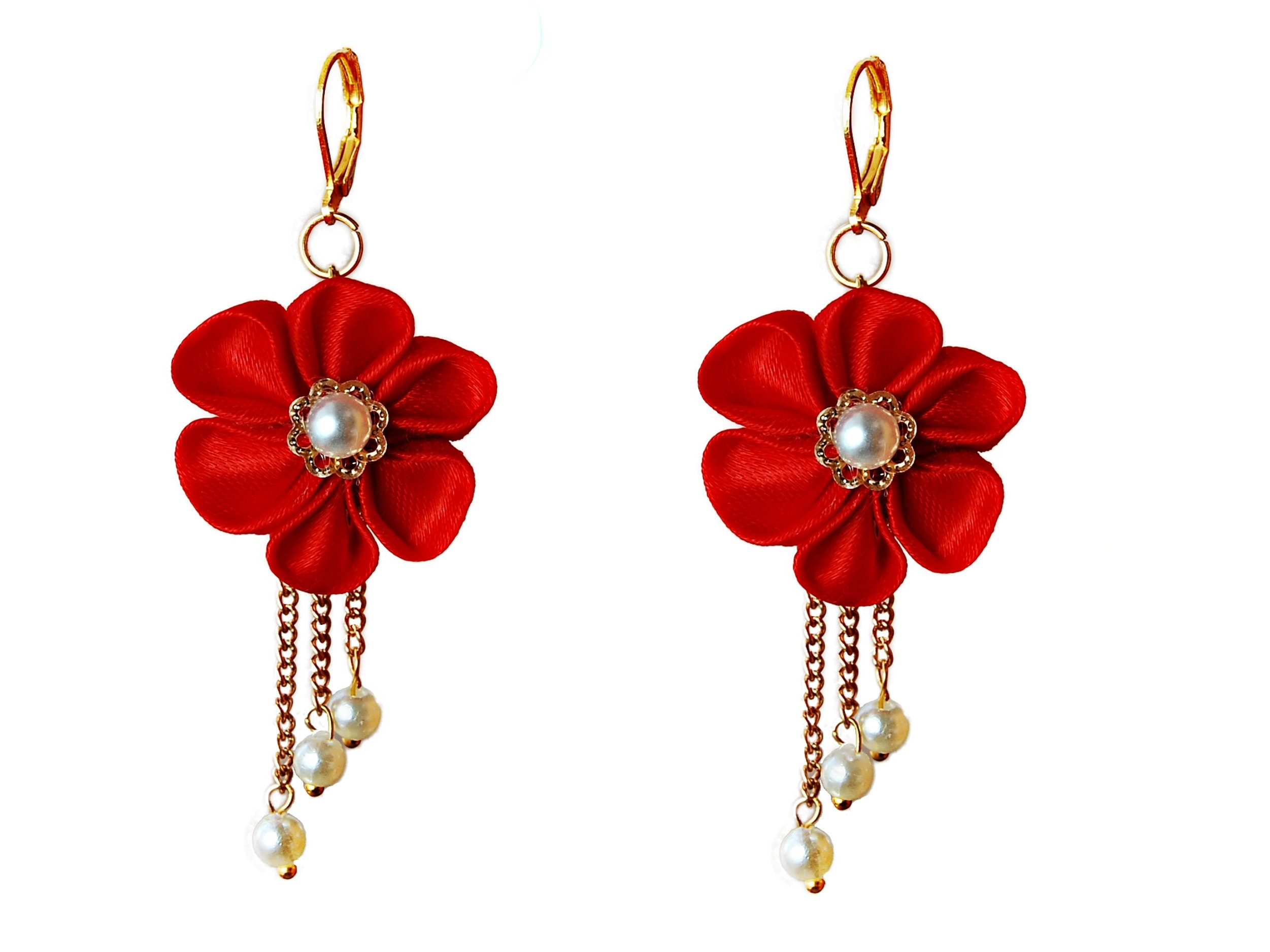 Red flower dangle earrings Long red earrings Gift for flower Etsy