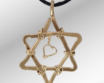 Modern Gold Star of David Necklace with Tiny Heart Pendant on Black Cord - Unique Statement Jewelry - Hammered Aluminum Shield of David