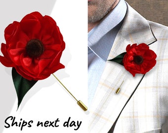 Elegant Handmade Poppy Pin - Perfect Groomsmen Lapel Boutonniere and 9th Anniversary Gift for Husband - Timeless Red Flower Brooch