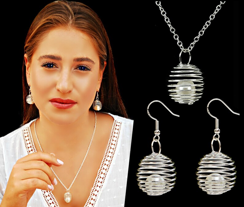 Contemporary Silver Jewelry Set Pearl Pendant Necklace and Etsy UK