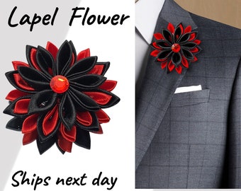 Men's Lapel Pin Black Red Flower Brooch Pin, Groom's Lapel Boutonniere, Custom Lapel Pin