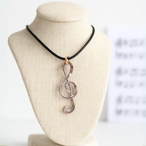 Copper Treble Clef Necklace – Music Teacher Gift, Musician Jewelry on Adjustable Black Cord, Handmade Music Note Pendant for Women and Men