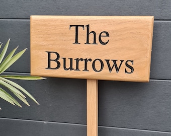 Personalised Oak house sign,Carved, outdoor wooden name plaque with ground stake