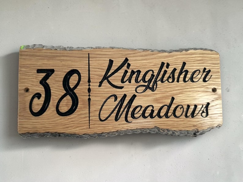 Personalised oak house number and name plaque for exterior wall UK handmade wooden sign