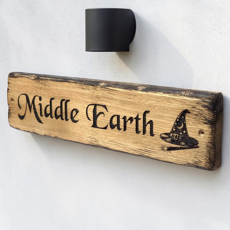 Wooden sign with 'Middle Earth' and a wizard's hat on a white background
