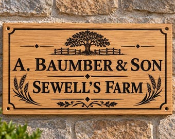 Personalised Oak Farm Sign, Laser Engraved House Plaque, Solid Wood Gate Marker