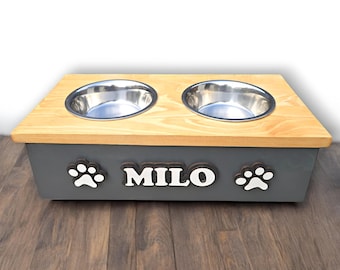 Custom Elevated Dog Feeder with Dual Bowls and Personalised Wood Design