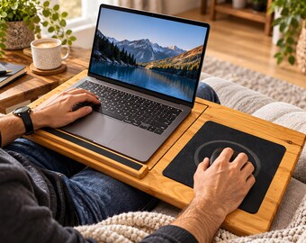 Personalised Wooden Laptop Lap Desk | Portable Bed Desk with Phone Holder