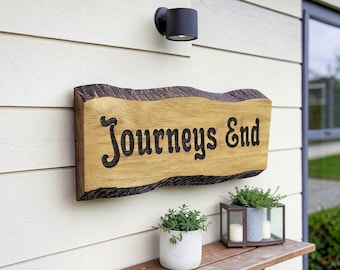 Personalised Wooden House Sign – Engraved Rustic Oak Address Plaque – Outdoor Custom Name Plate