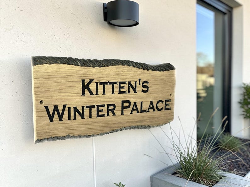 uxury oak address sign mounted on modern UK home exterior personalised wooden plaque