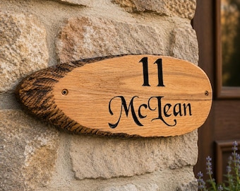 Personalised Oak House Sign, Rustic Cottage or Cabin Name Plaque, Live Edge Engraved Wood