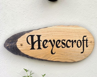 Placa personalizada em carvalho para casa de campo | Placa rústica com borda natural para nome da casa, placa externa para casa de campo