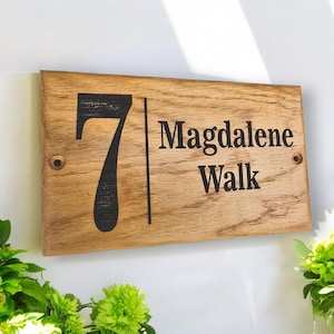 Personalised Oak House Number Name Sign Carved Engraved Outdoor Wooden Plaque