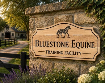 Op de afbeelding: Een lichtbruin houten bord met een gebogen bovenrand, voorzien van een zwarte gravure van een paard en de tekst "Bluestone Equine" boven de woorden "Training Facility" in een schreeflettertype, gemonteerd op een stenen pilaar.