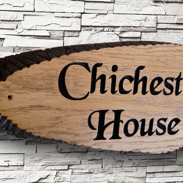 Personalised Oak Carved Wooden House Sign Plaque Slice Live edges