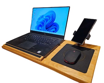 Gepersonaliseerde houten laptoplaptafel | Draagbaar bedbureau met telefoonhouder
