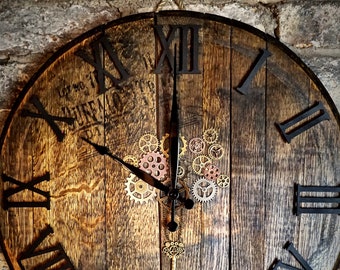 Large Solid Oak-Barrel Wall Clock - Featuring Metal Cogs