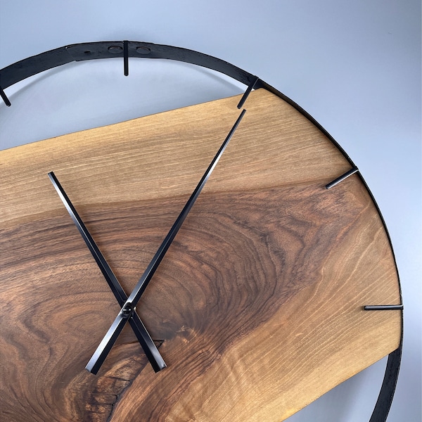 Walnut Live Edge Wall Clock | 60cm / 24 inch Circle Steel Frame in Black | Silent Movement | Custom Engraving Available | SKU #WAL102