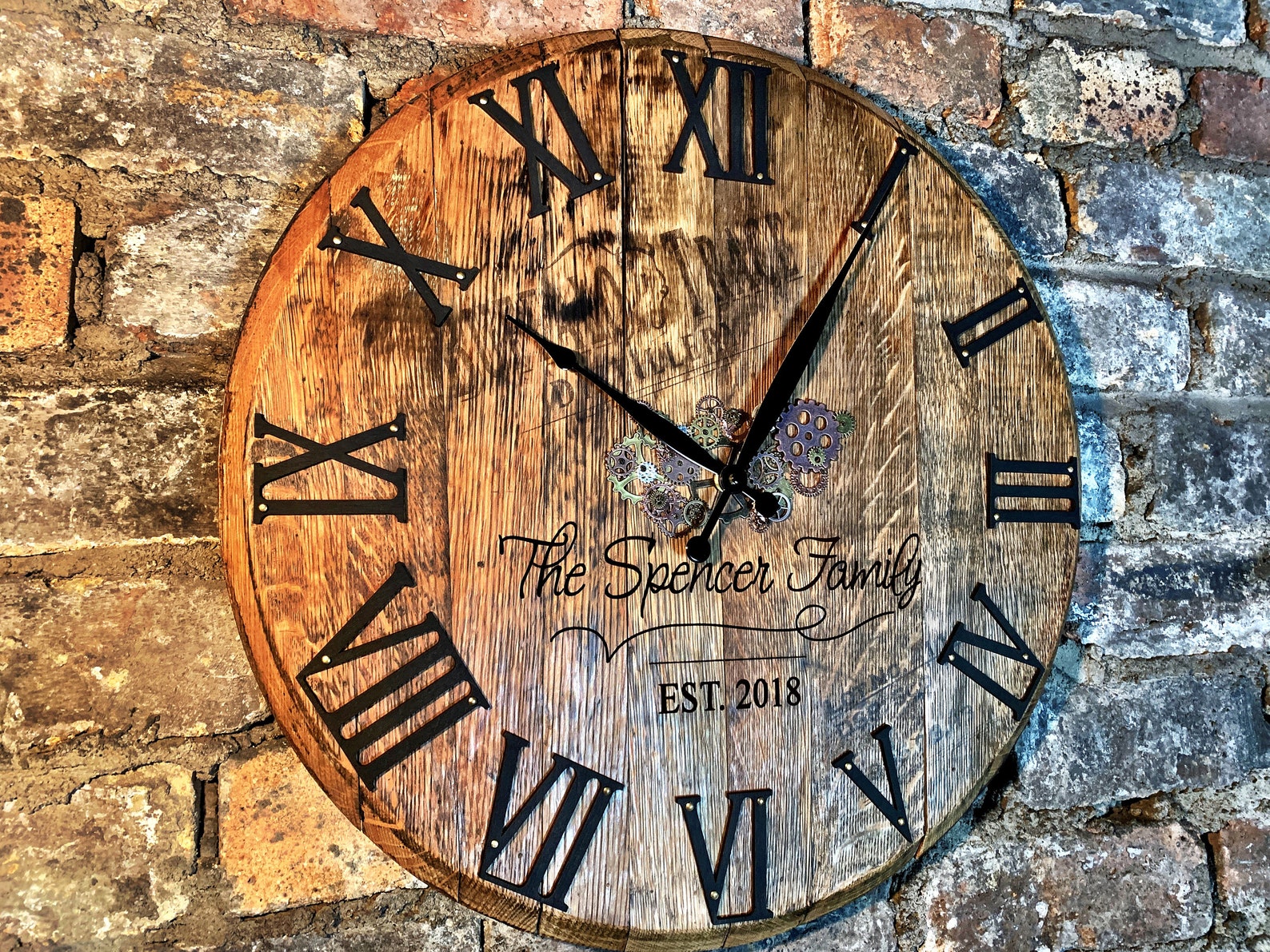 Large Solid Oak Barrel Wall Clock Featuring Metal Cogs Etsy