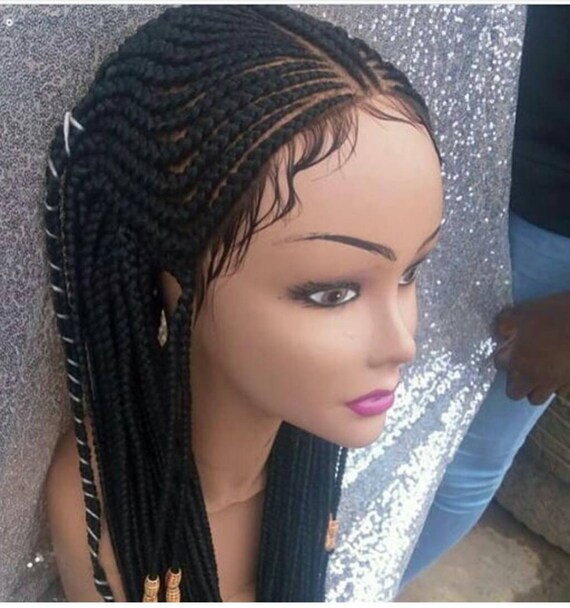 Ready To Ship Corn Row Braided Wig Full Frontal Braided Wig Ghana Weaving Braids Braided Wigs With Baby Hair Braided Wig With Beads