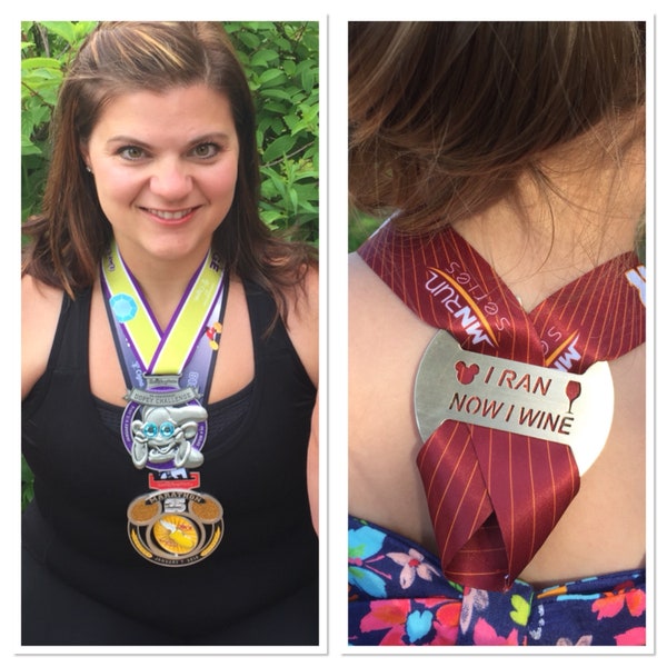 Wear 1 or 2 medals at once without damage, wine and dine medals, medal holder, Run Disney, Half Marathon, Holder says, " I ran now I wine!