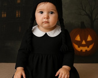 Vestito da Mercoledì Addams per bambini, costume di Halloween fatto a mano
