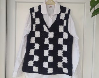 Wednesday crochet sweater, Handmade Addams checkered vest