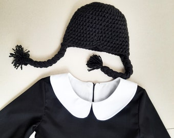 Wednesday Addams costume toddler, Handmade Baby photo prop black dress and wig